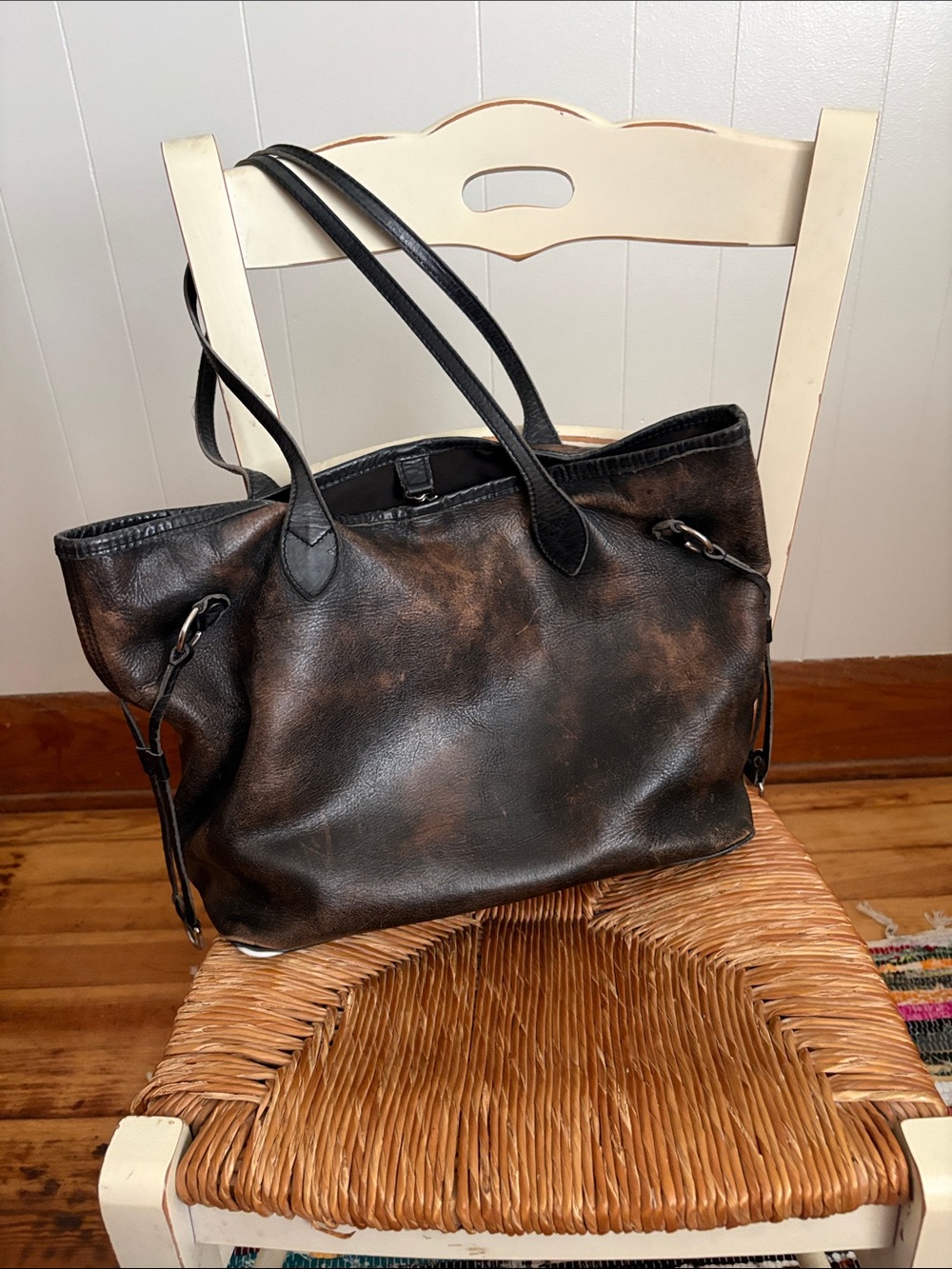 freebird Distressed Black and Brown Leather Tote